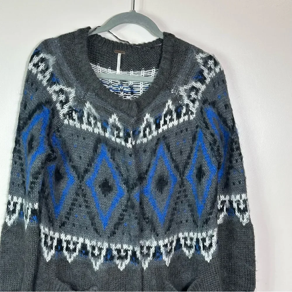 Free People Gray and Blue Geometric Cardigan 13% wool
